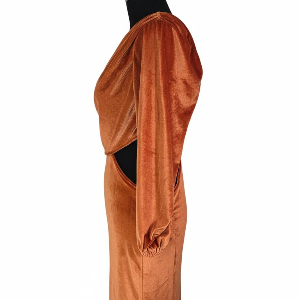 New Orange Rust Velvet One Shoulder Cutout Mini Dress Ruched Bodycon | Large - Picture 6 of 9